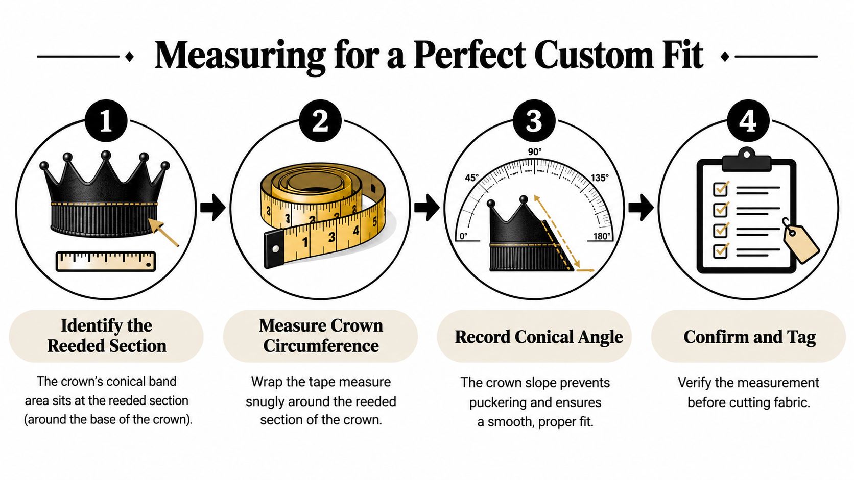 An infographic showing four steps for measuring a crown to create a perfect custom fit for hat bands.
