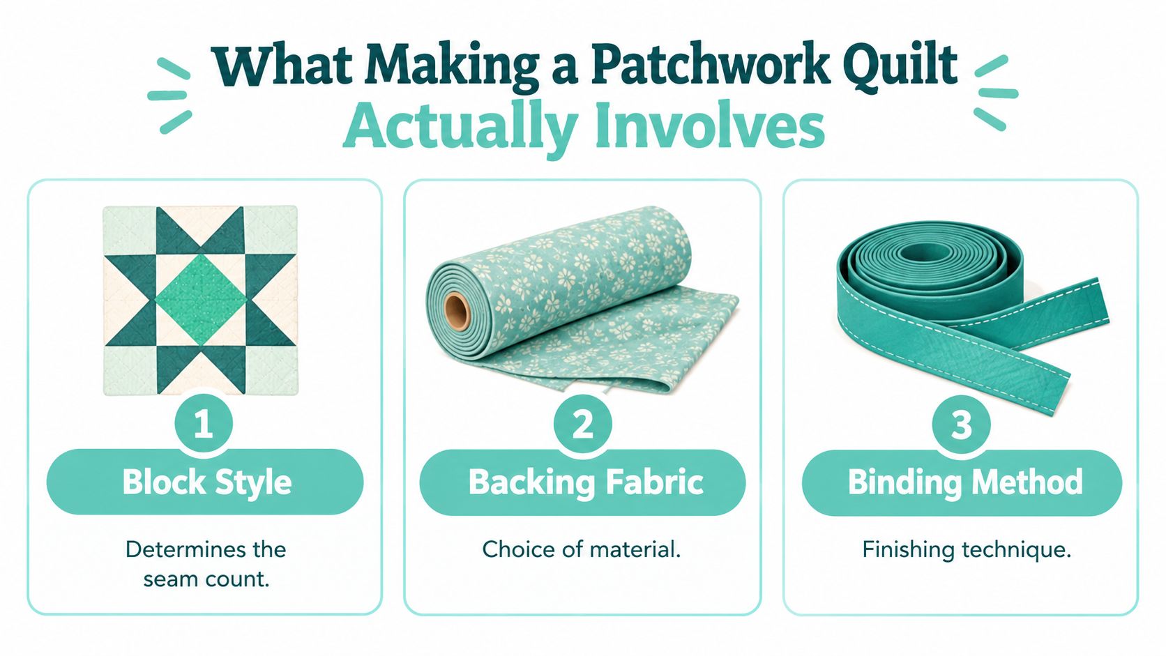 An educational infographic titled What Making a Patchwork Quilt Actually Involves, featuring three steps with illustrated icons.