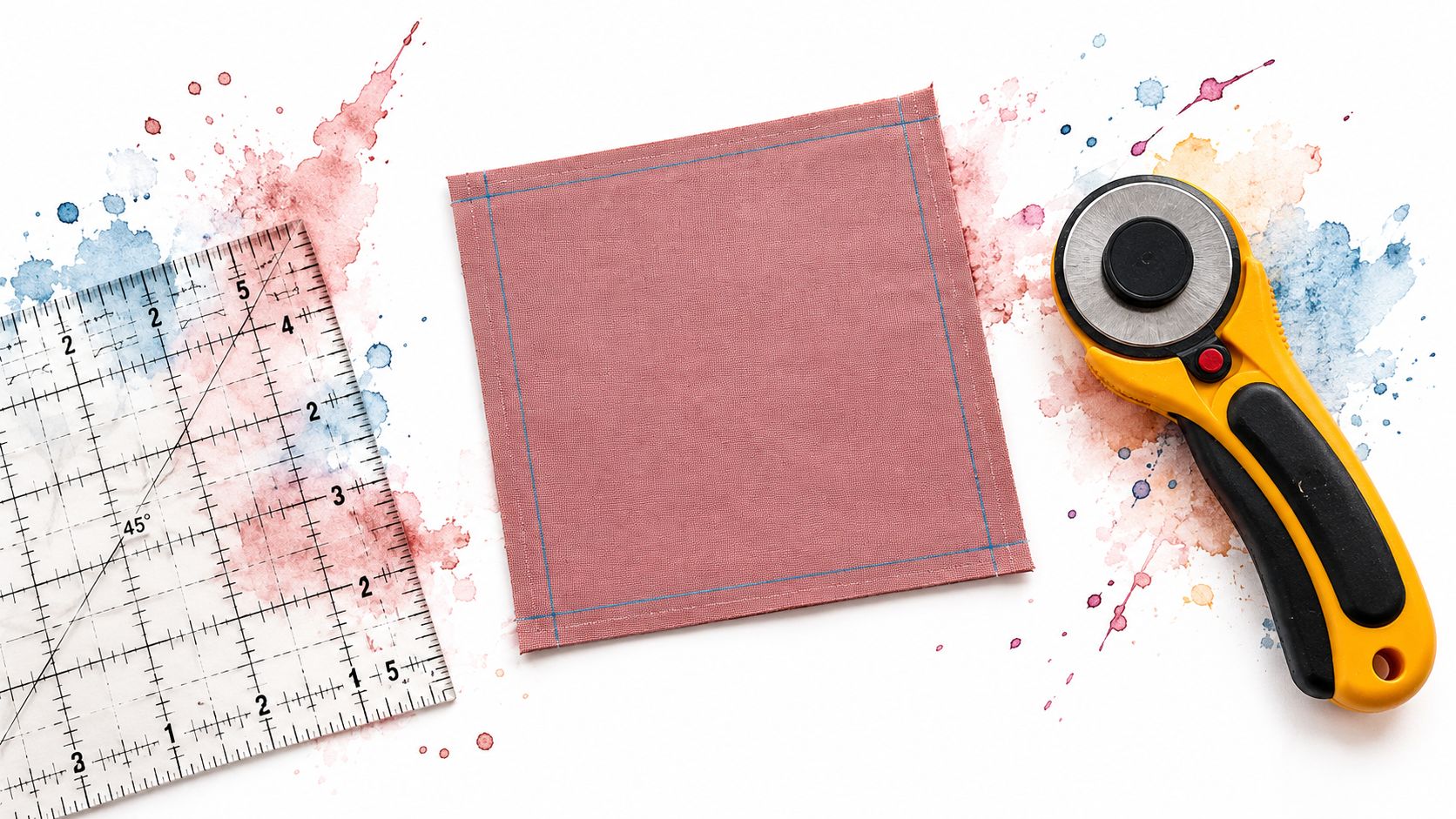 A square of pink fabric positioned between a quilting ruler and a yellow rotary cutter tool.