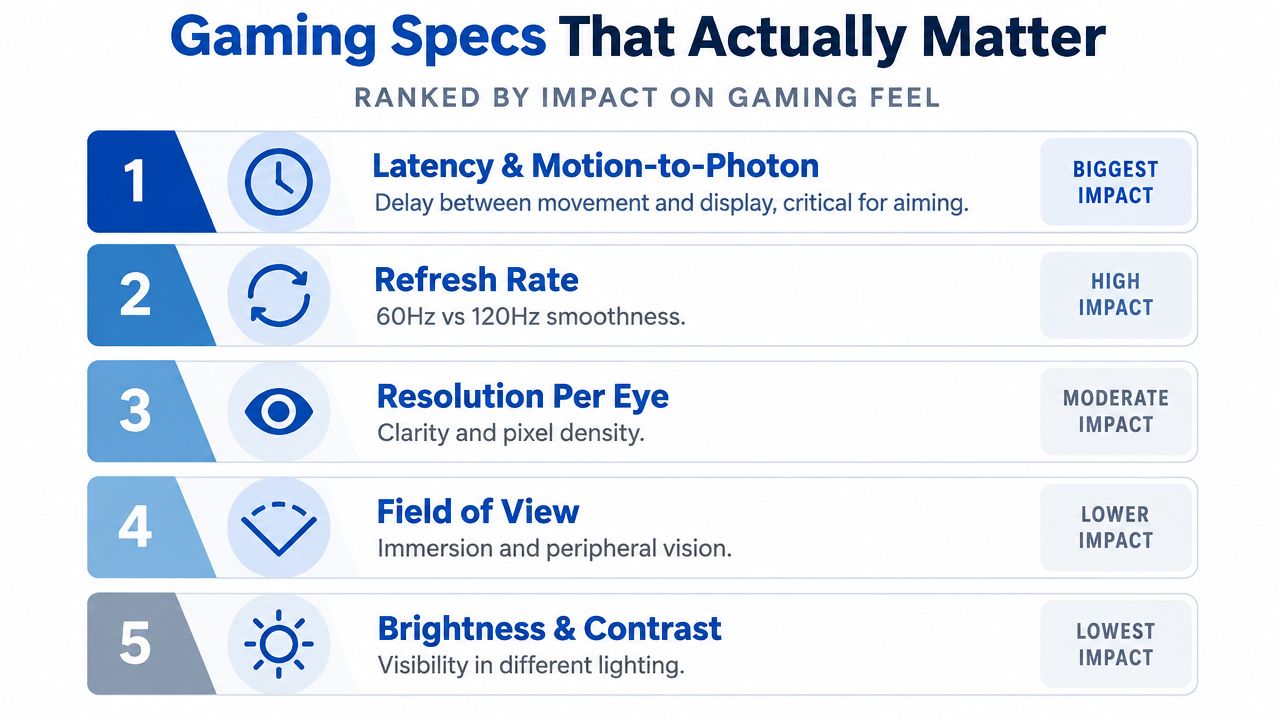 A ranking chart illustrating the five most important gaming specifications for VR and AR headsets.