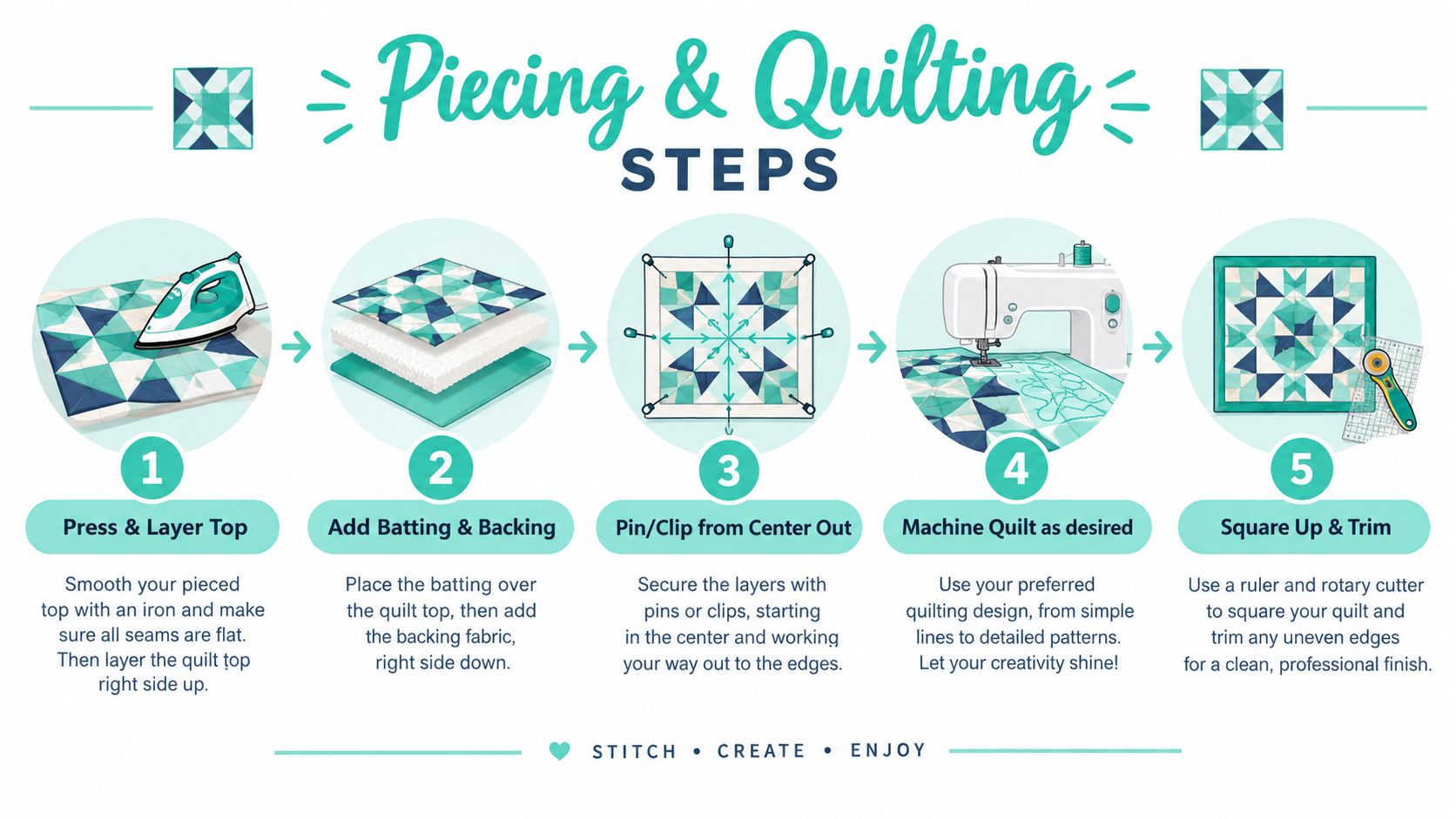 An instructional graphic showing the five essential steps for piecing and quilting a fabric quilt project.