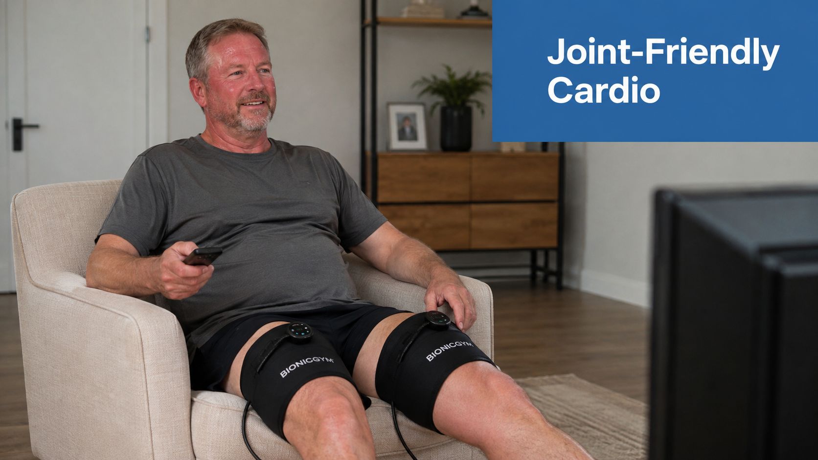 A middle-aged man sitting in an armchair using BionicGym leg wraps while watching television at home.
