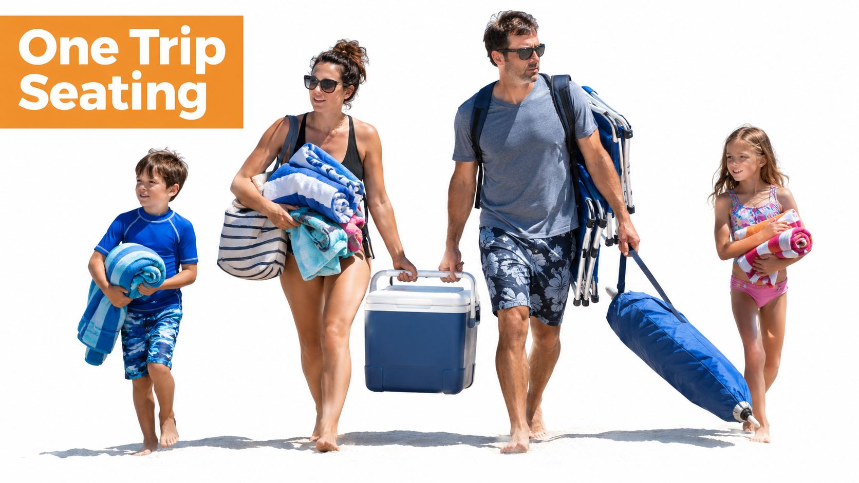 A family of four walking on a white beach with beach gear including chairs and towels.