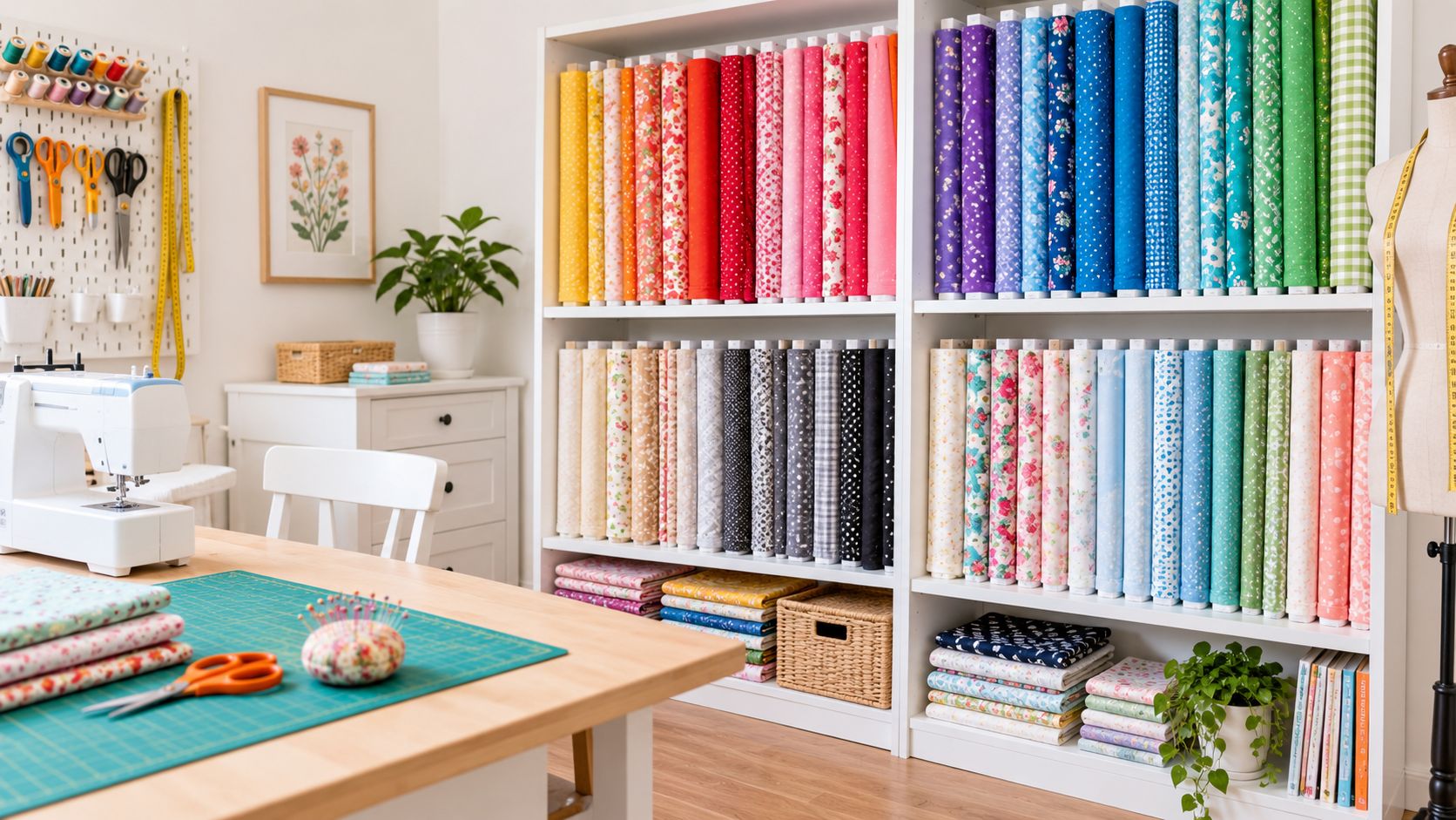 Bolts of colorful fabric stored properly on shelves in a well-organized home sewing room.