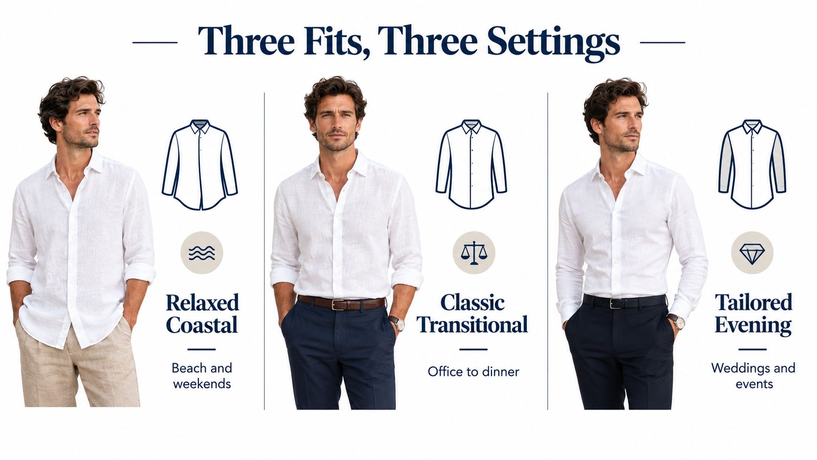 A model demonstrates three different styling options for men's white long-sleeve linen shirts across various settings.