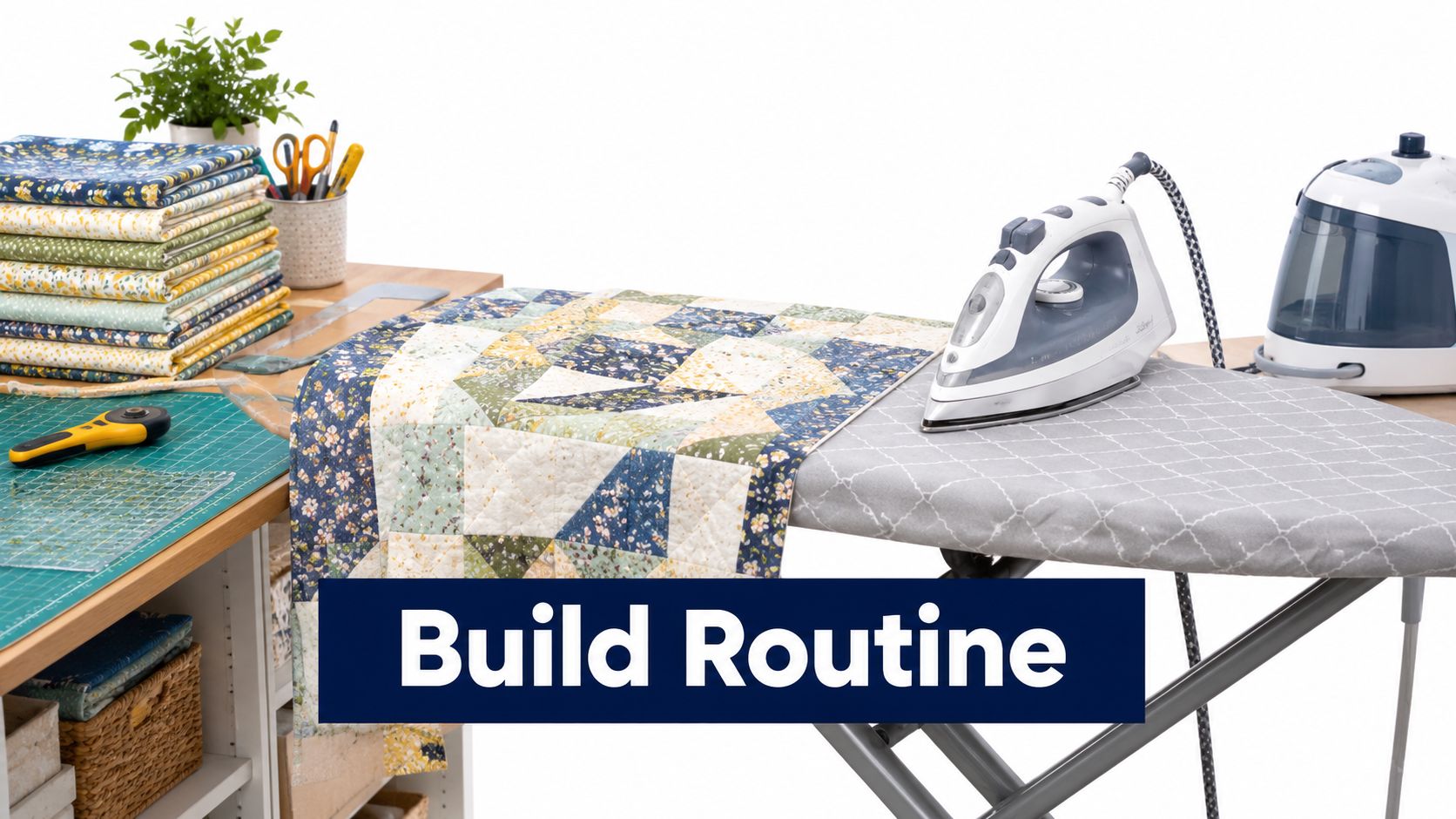 A steam iron rests on an ironing board next to a colorful patchwork quilt being pressed.