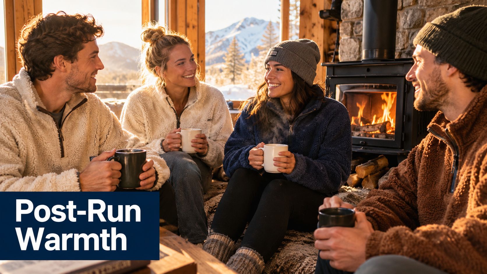 Four friends wearing cozy quarter zip sherpa pullovers sitting by a fireplace with steaming mugs of coffee.