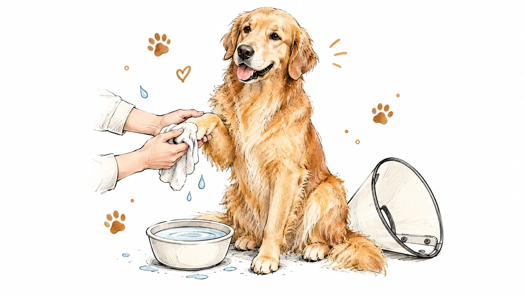 A gentle person cleans a golden retriever's paw with a cloth next to a water bowl.