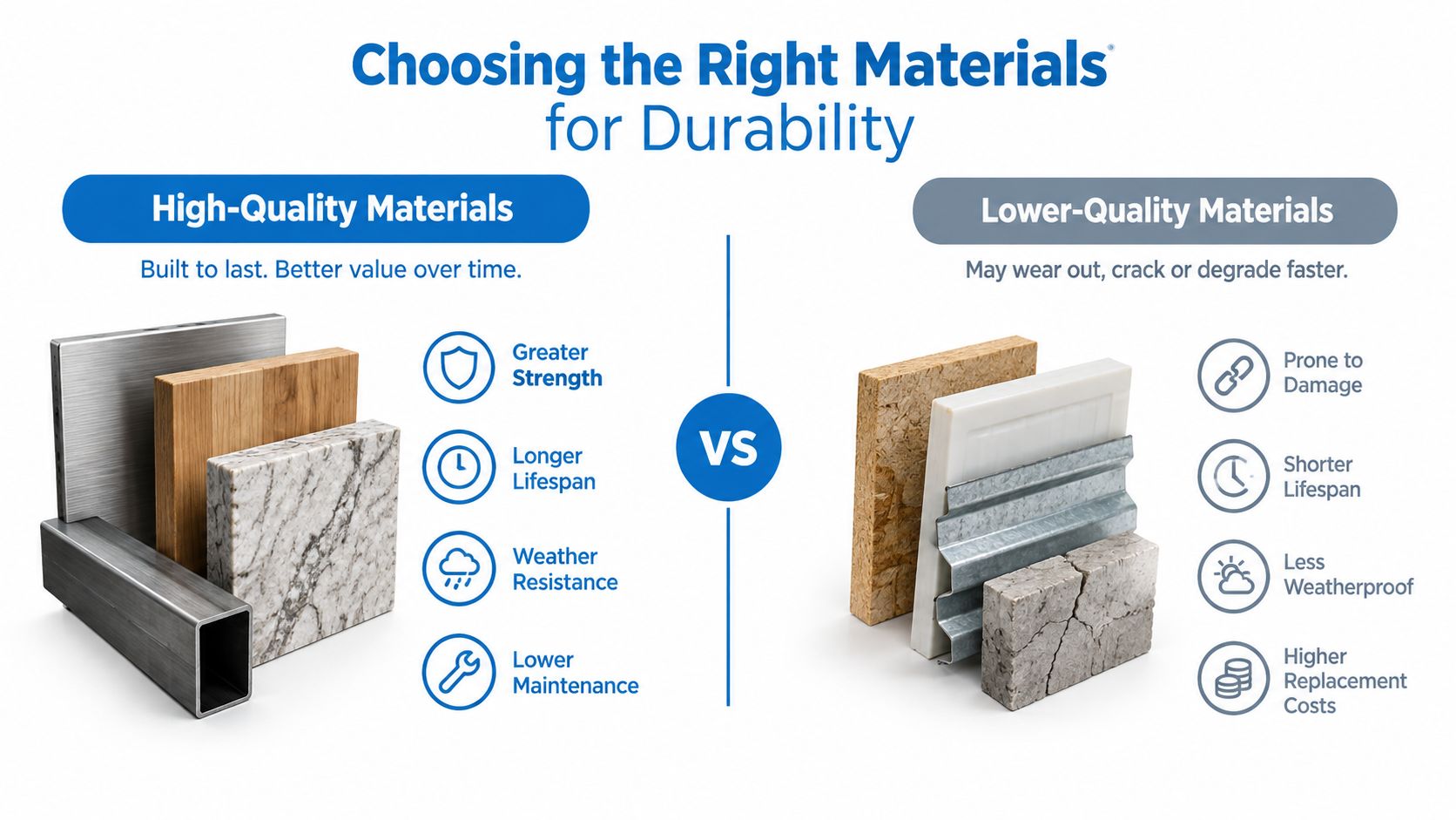 A comparison chart showing the benefits of high-quality durable building materials versus lower-quality degrading construction materials.