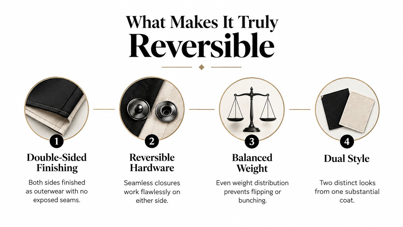 An infographic showing four key features that make a reversible dog coat versatile and functional.