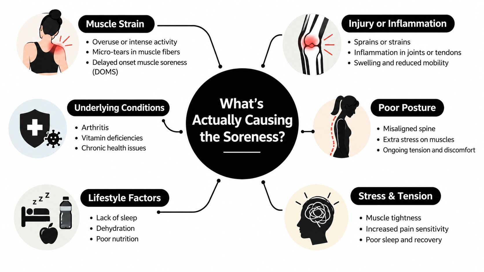 An infographic titled What Is Actually Causing the Soreness? listing common factors like injury, posture, and stress.