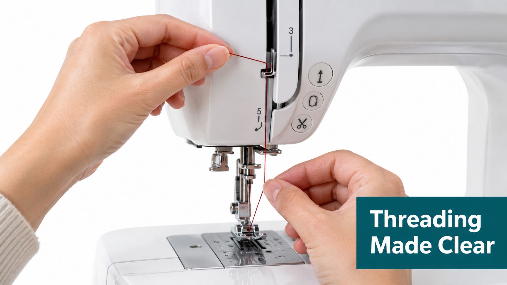 A close-up view of hands threading a needle on a modern white sewing machine.