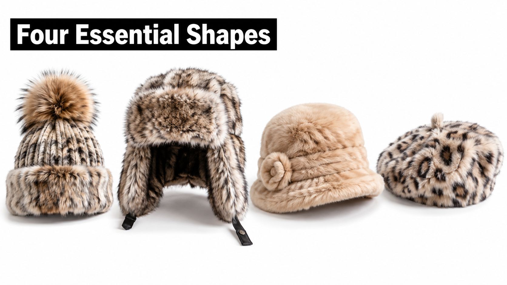 Four different styles of fashionable, luxury faux fur hats for women displayed on a white background.
