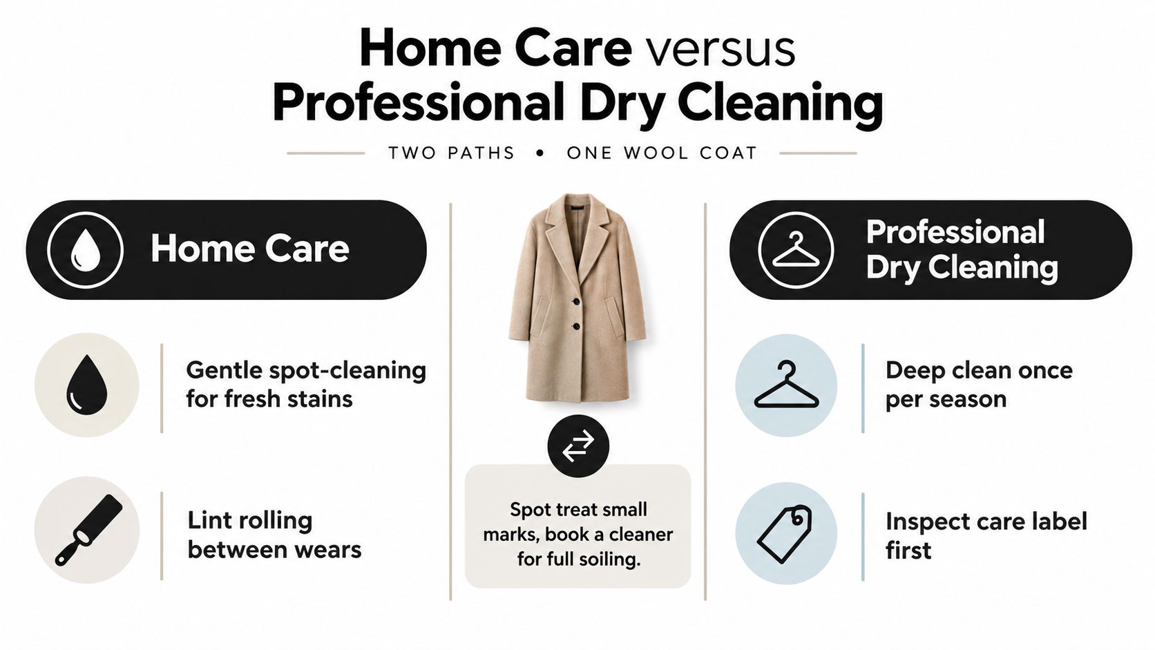 A comparison infographic showing home care methods versus professional dry cleaning for a tan wool coat.