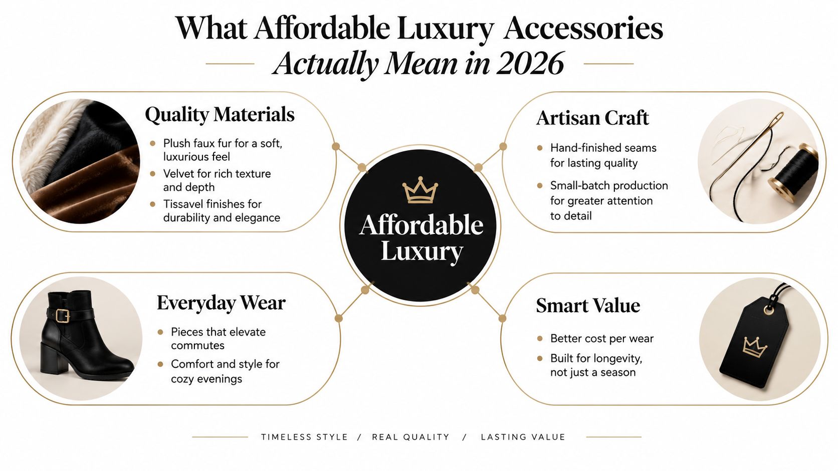 An infographic titled What Affordable Luxury Accessories Actually Mean in 2026 outlining four pillars of quality.