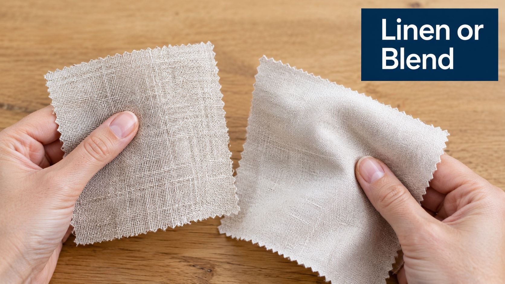 Hands holding and comparing two different samples of natural linen or blend fabric on a wooden table.