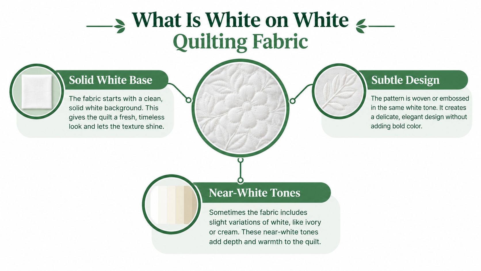 An infographic titled What Is White on White Quilting Fabric explaining the key features of the fabric.