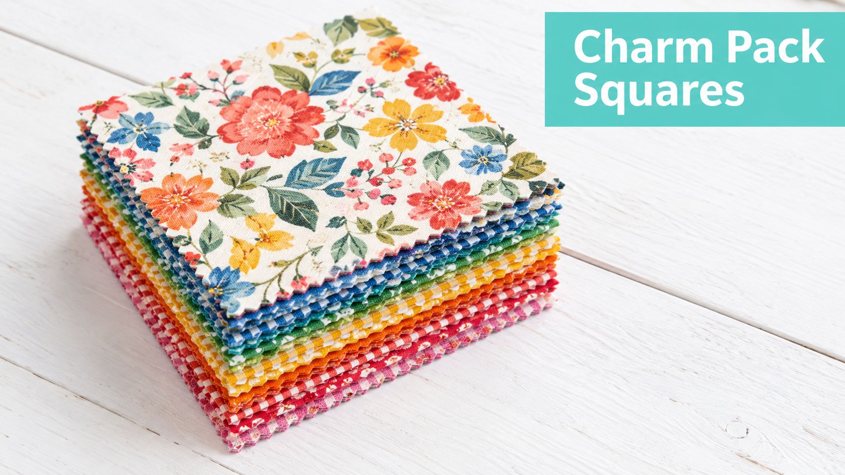 A stack of colorful floral fabric charm pack squares resting on a white wooden surface.