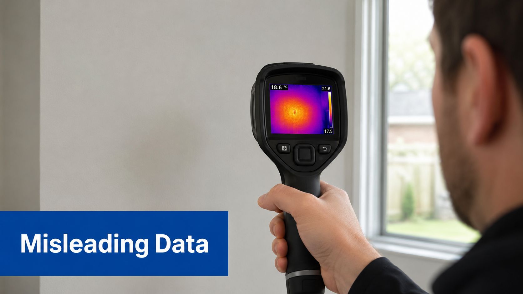 A technician holds a thermal imaging camera aimed at a plain wall, illustrating misleading infrared data analysis.