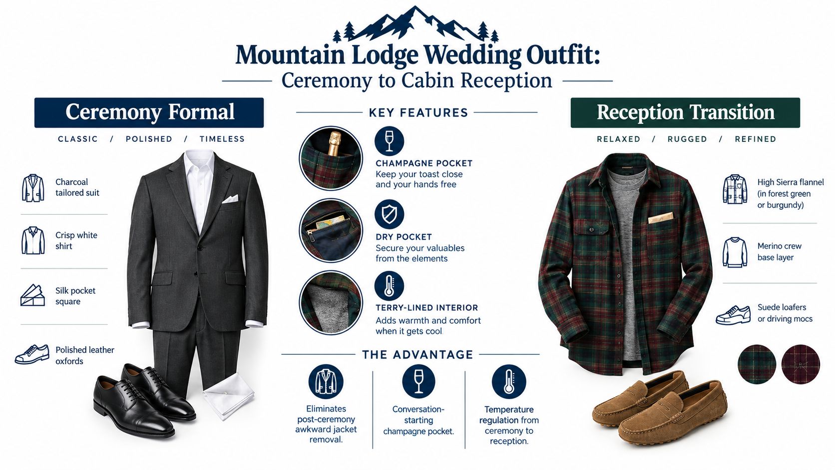 A styling guide showing two outfits for a mountain lodge wedding: a formal suit and a casual flannel.