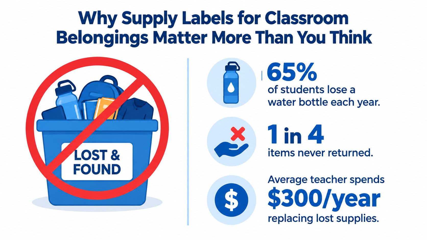 An infographic showing statistics about lost school supplies and the benefits of using classroom labels.
