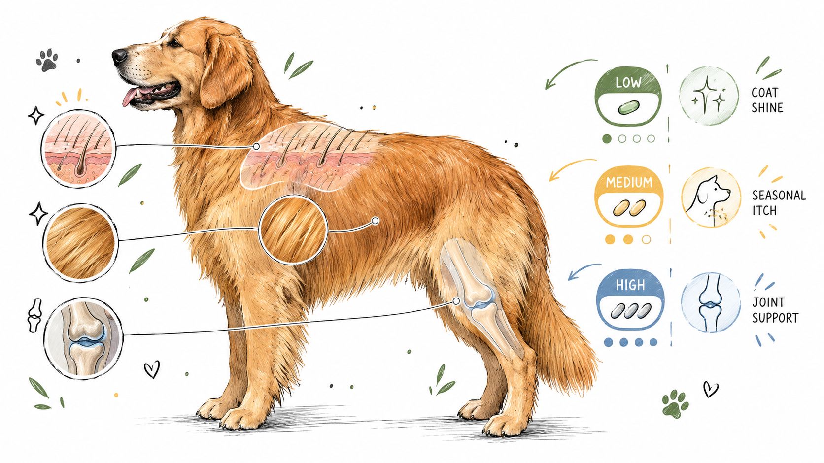 A diagram of a golden retriever showing how fish oil benefits coat health, skin itch, and joint support.