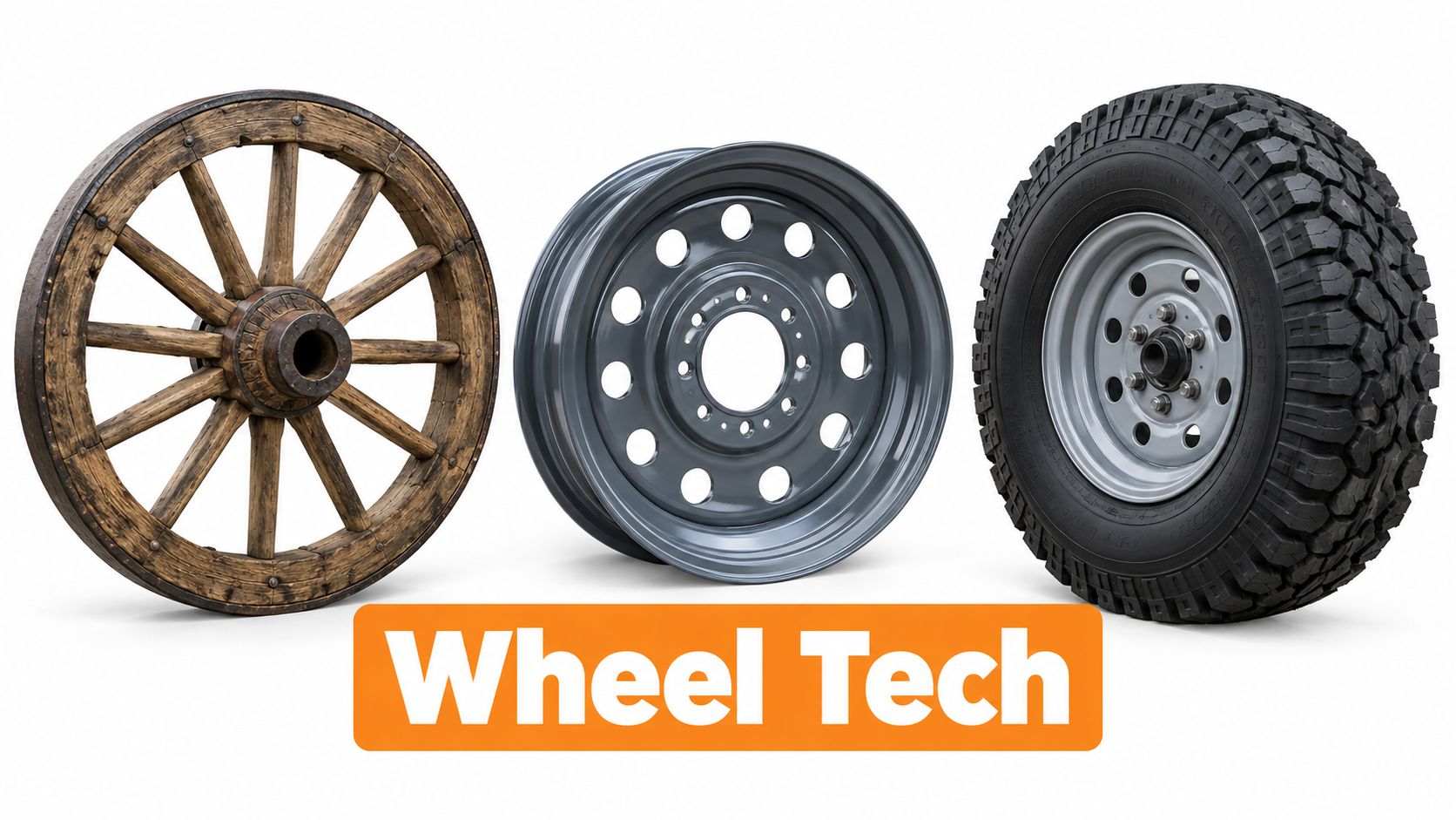 A visual timeline showing the evolution of wheels from a wooden wagon wheel to a modern off-road tire.
