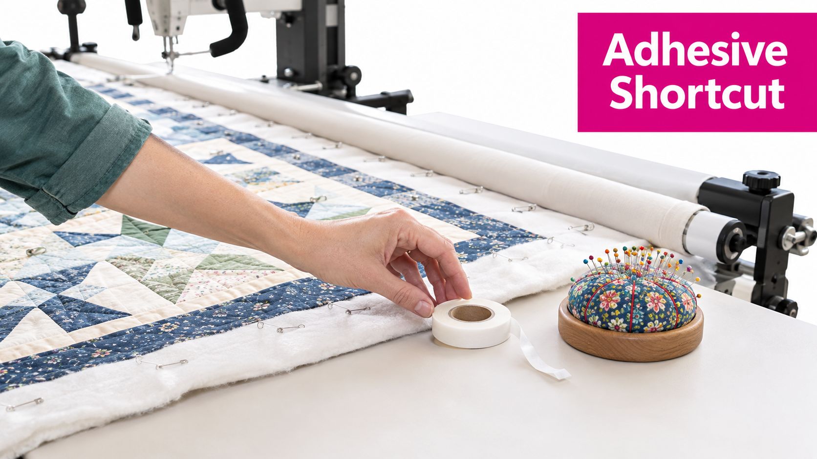 A person using sewing basting tape to secure layers of a quilt on a longarm machine frame.