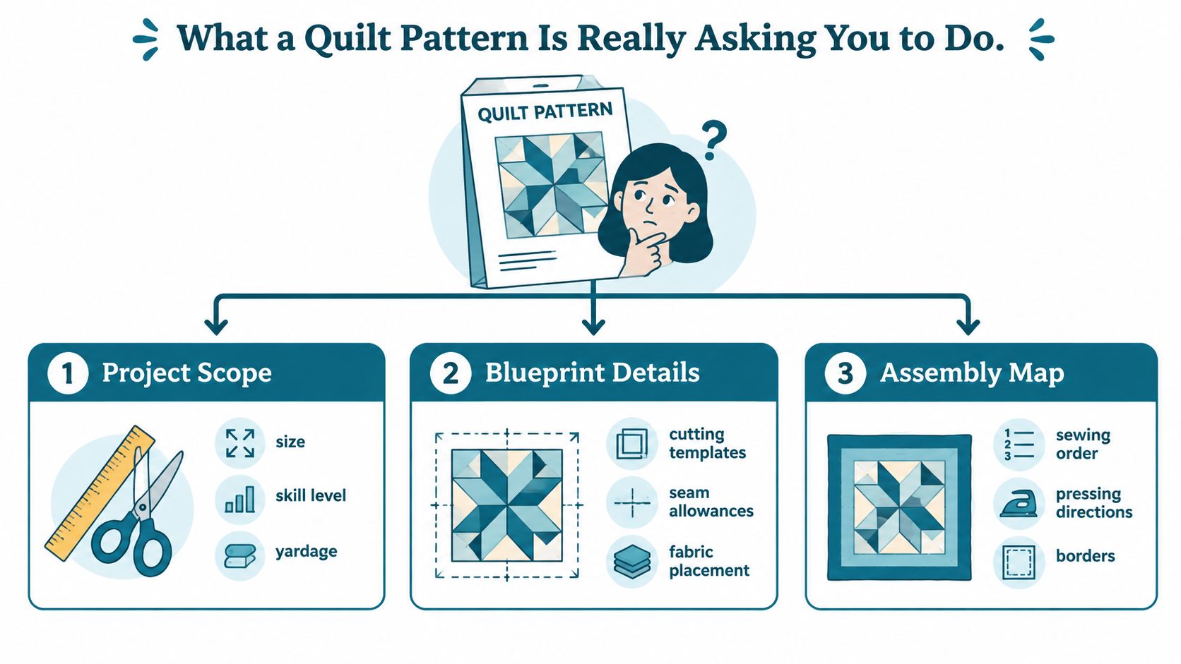 An infographic titled What a Quilt Pattern Is Really Asking You to Do showing three main components.