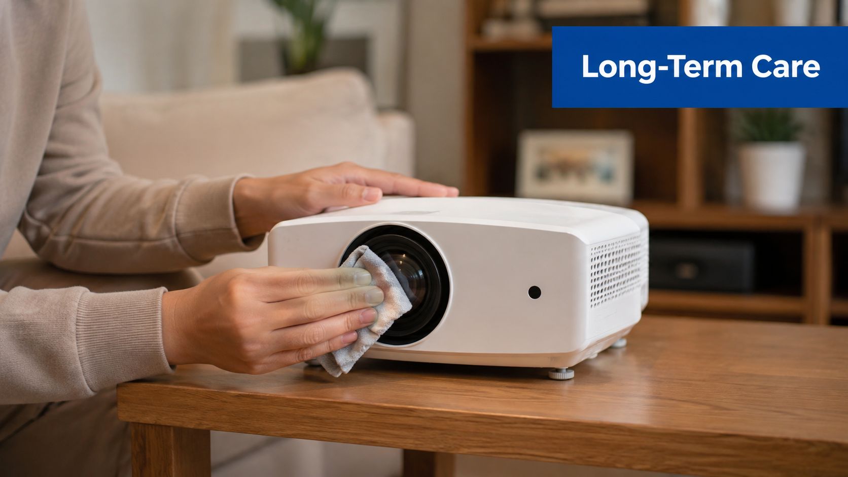 A person carefully cleaning the glass lens of a white home theater projector with a microfiber cloth.
