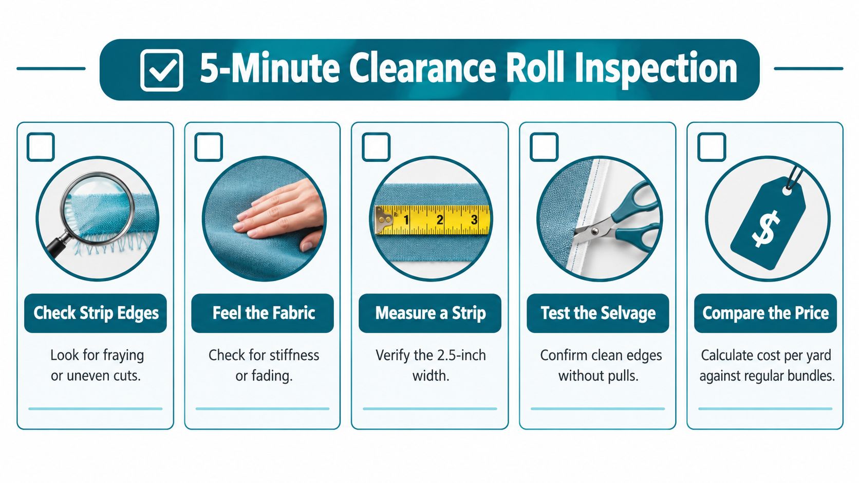 An infographic titled 5-Minute Clearance Roll Inspection outlining five steps to check quality and pricing of fabric.