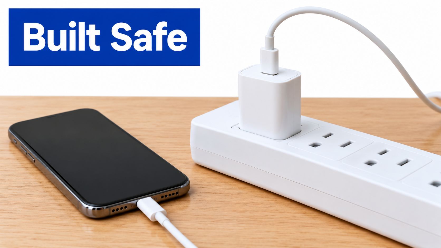 A smartphone charging from a white power strip using a compact power adapter on a wooden surface.