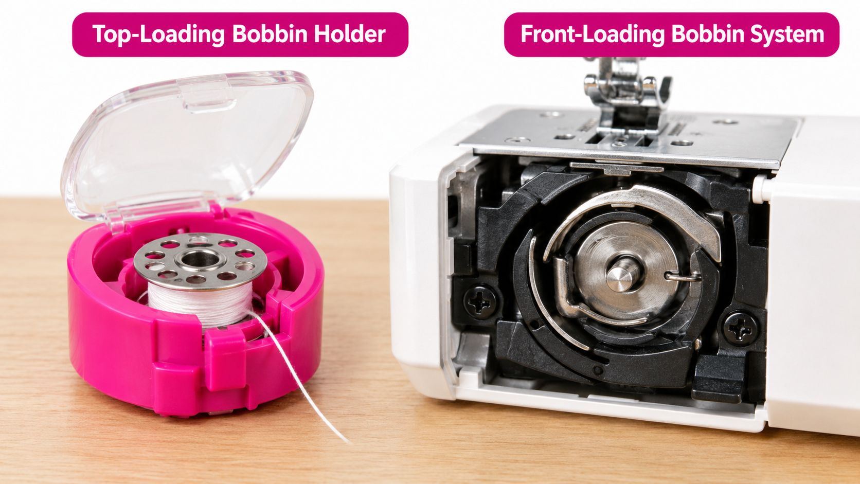 A close-up of a pink top-loading bobbin case next to a front-loading bobbin mechanism on a wooden table.