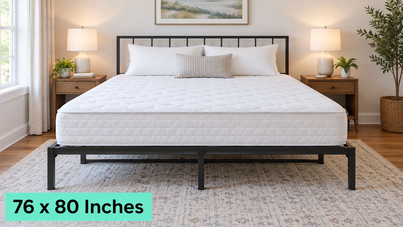 A clean, modern bedroom featuring a large white king size mattress on a black metal bed frame.