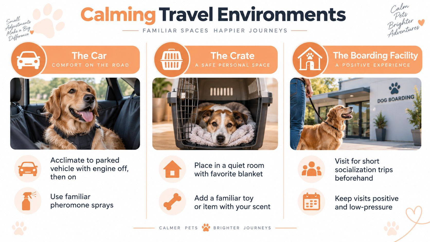 An infographic titled Calming Travel Environments showing tips to reduce pet anxiety during car rides, crate use, and boarding.