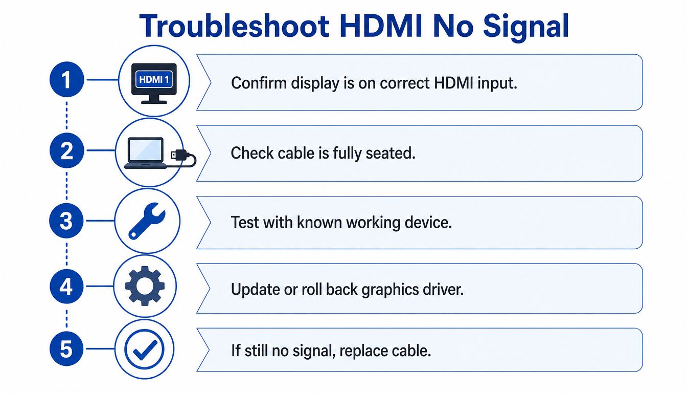 A numbered infographic showing five troubleshooting steps to resolve HDMI no signal issues on a monitor.