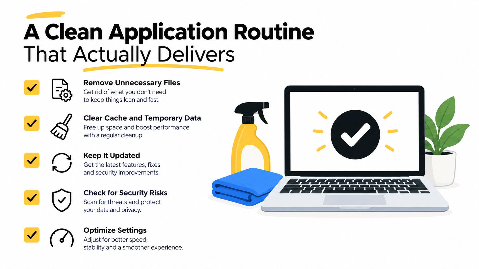 A digital graphic listing a five-step routine to maintain computer performance including cleaning, updating, and security checks.