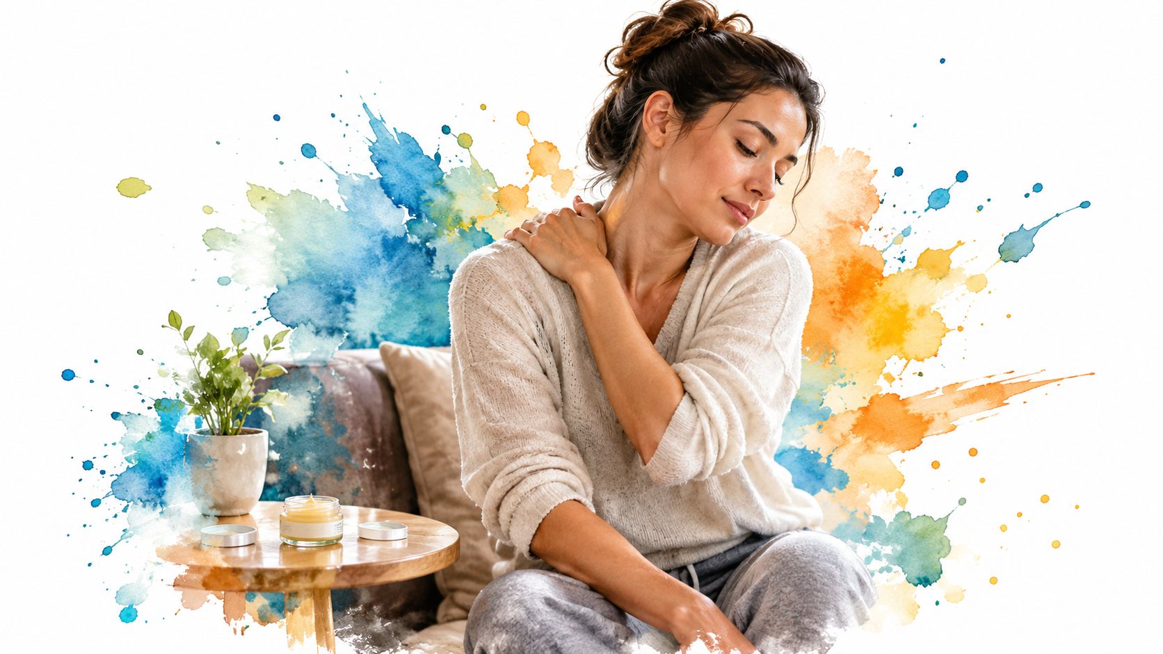 A young woman sitting on a couch applying soothing ointment to her shoulder for muscle pain relief.