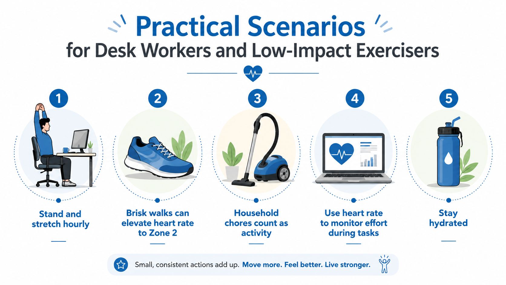 An infographic showing five practical health tips for desk workers and those who prefer low-impact exercise.