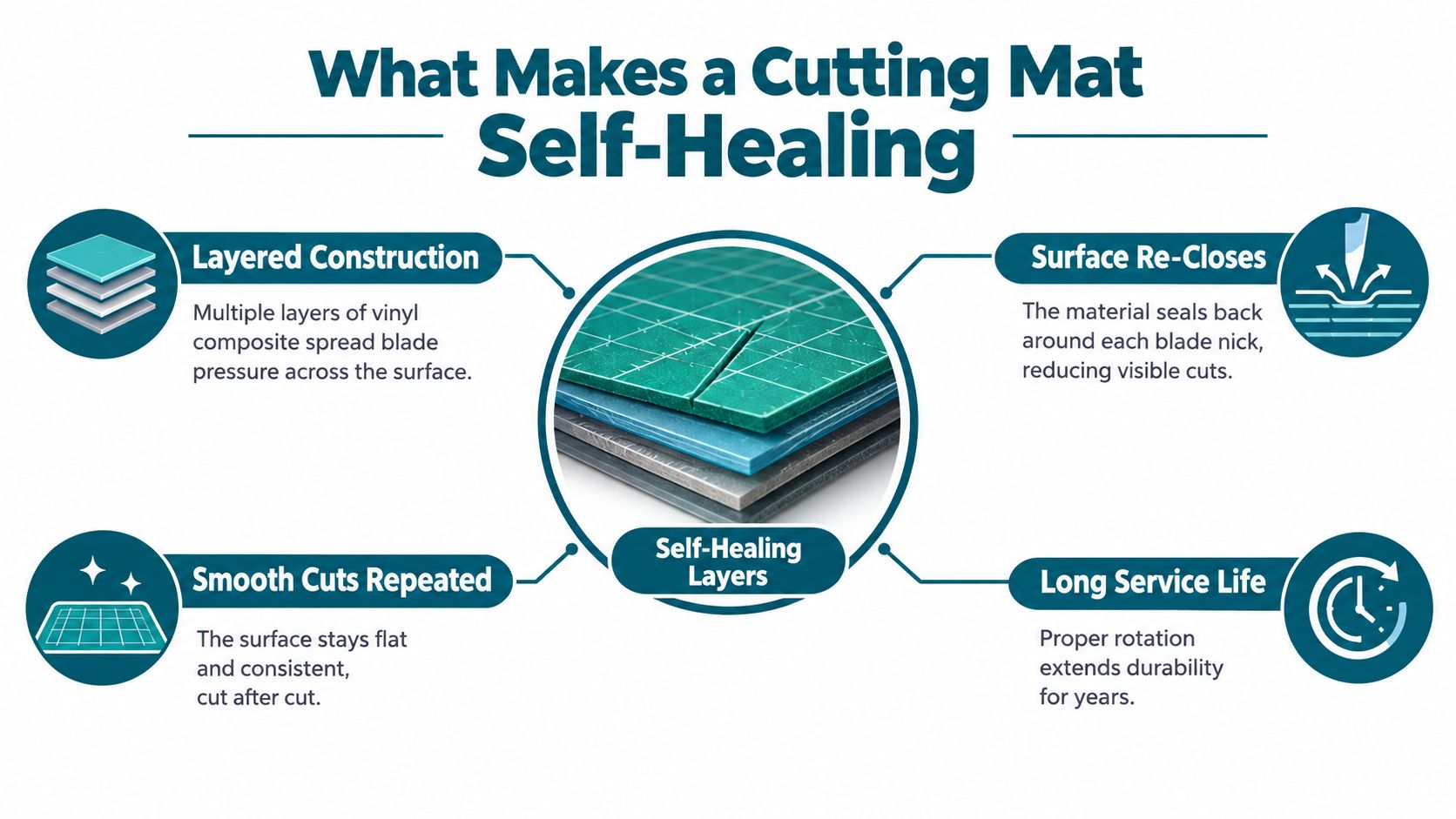 A diagram explaining how self-healing cutting mats work using layered construction and material properties.