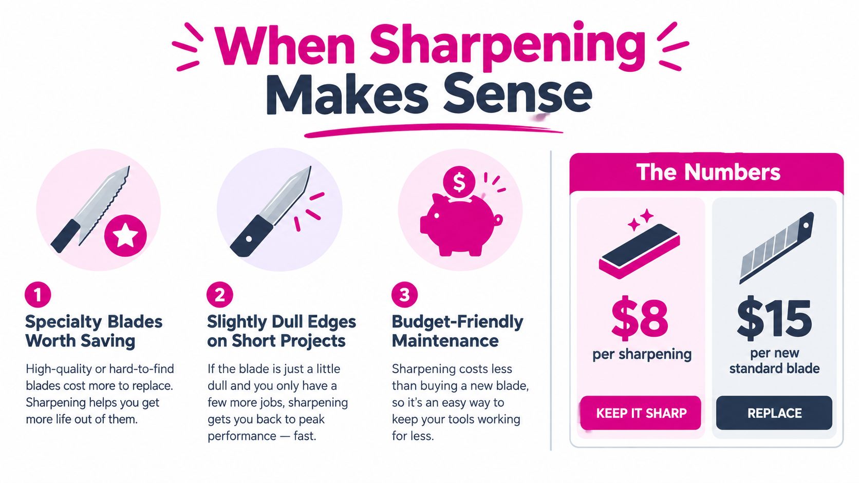An infographic showing three reasons to sharpen blades and comparing the costs of sharpening versus replacement.