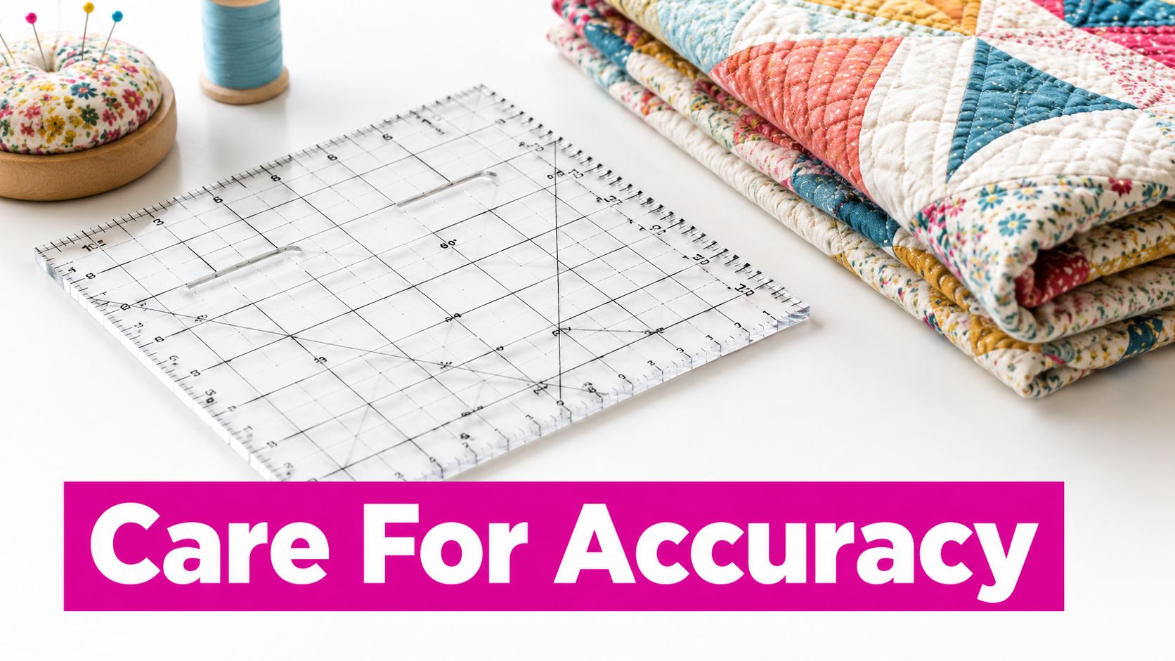A transparent slotted quilting ruler placed on a white surface next to stacked fabric and pins.