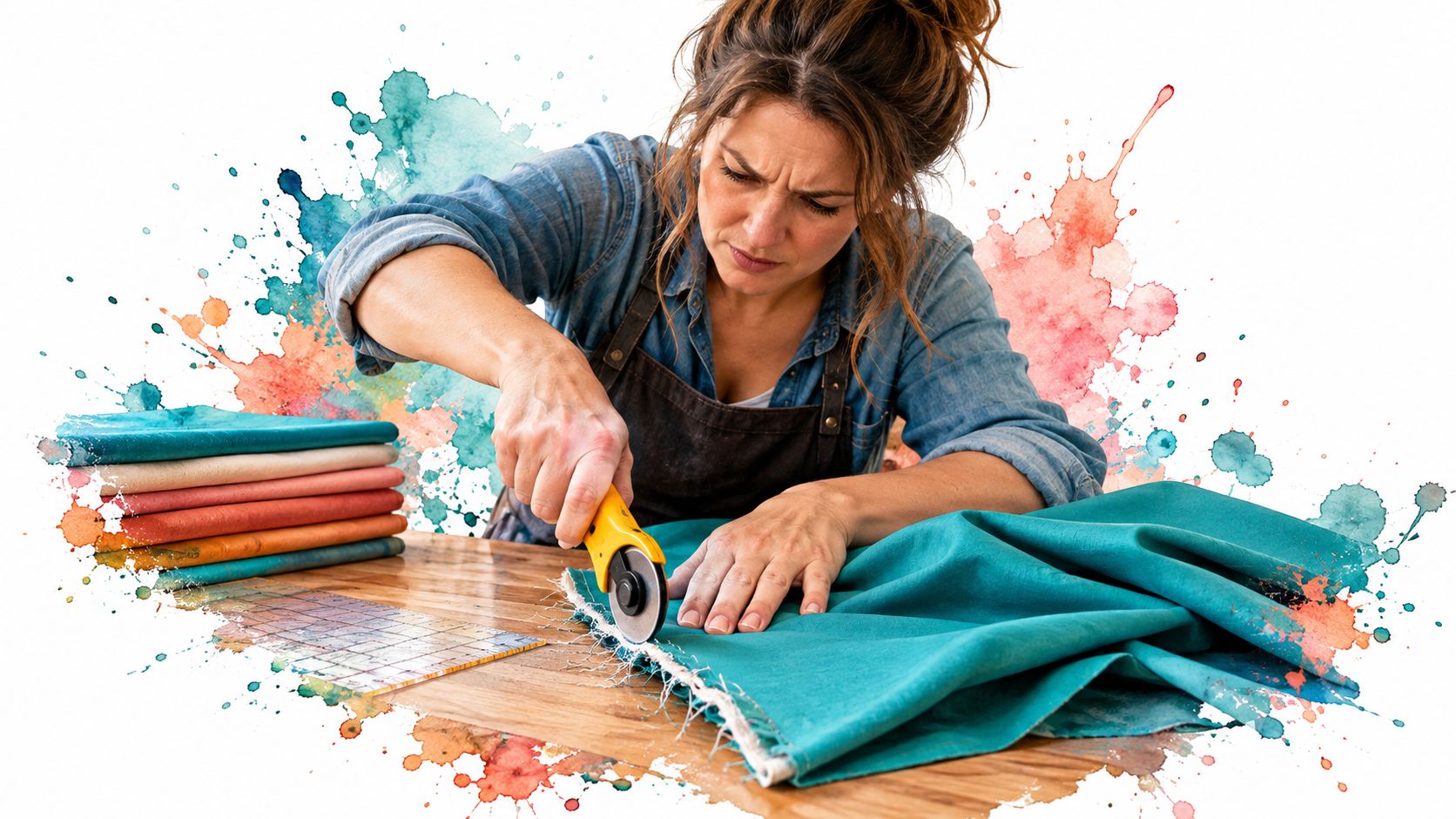 A woman concentrating while using a rotary cutter to precisely trim a piece of teal fabric.
