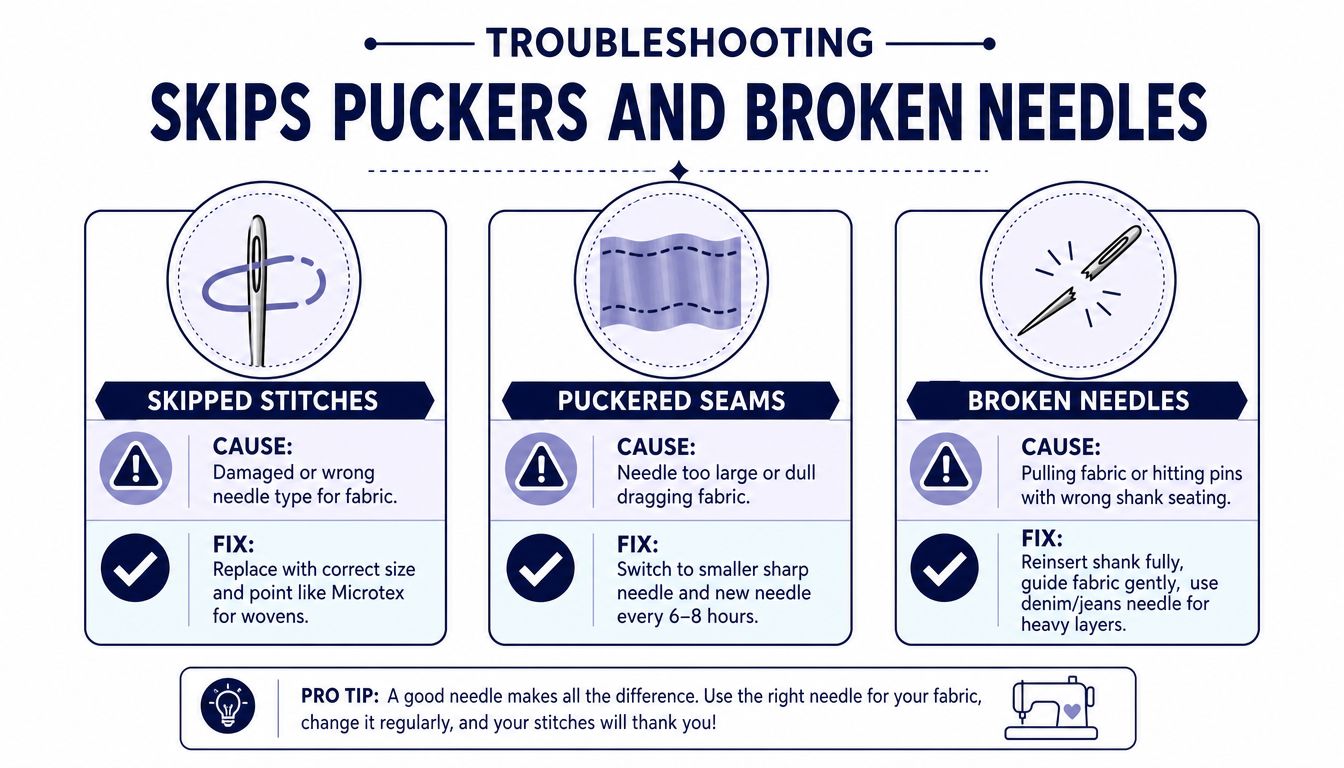 An infographic titled Troubleshooting Skips, Puckers, and Broken Needles explaining common sewing machine needle problems and solutions.