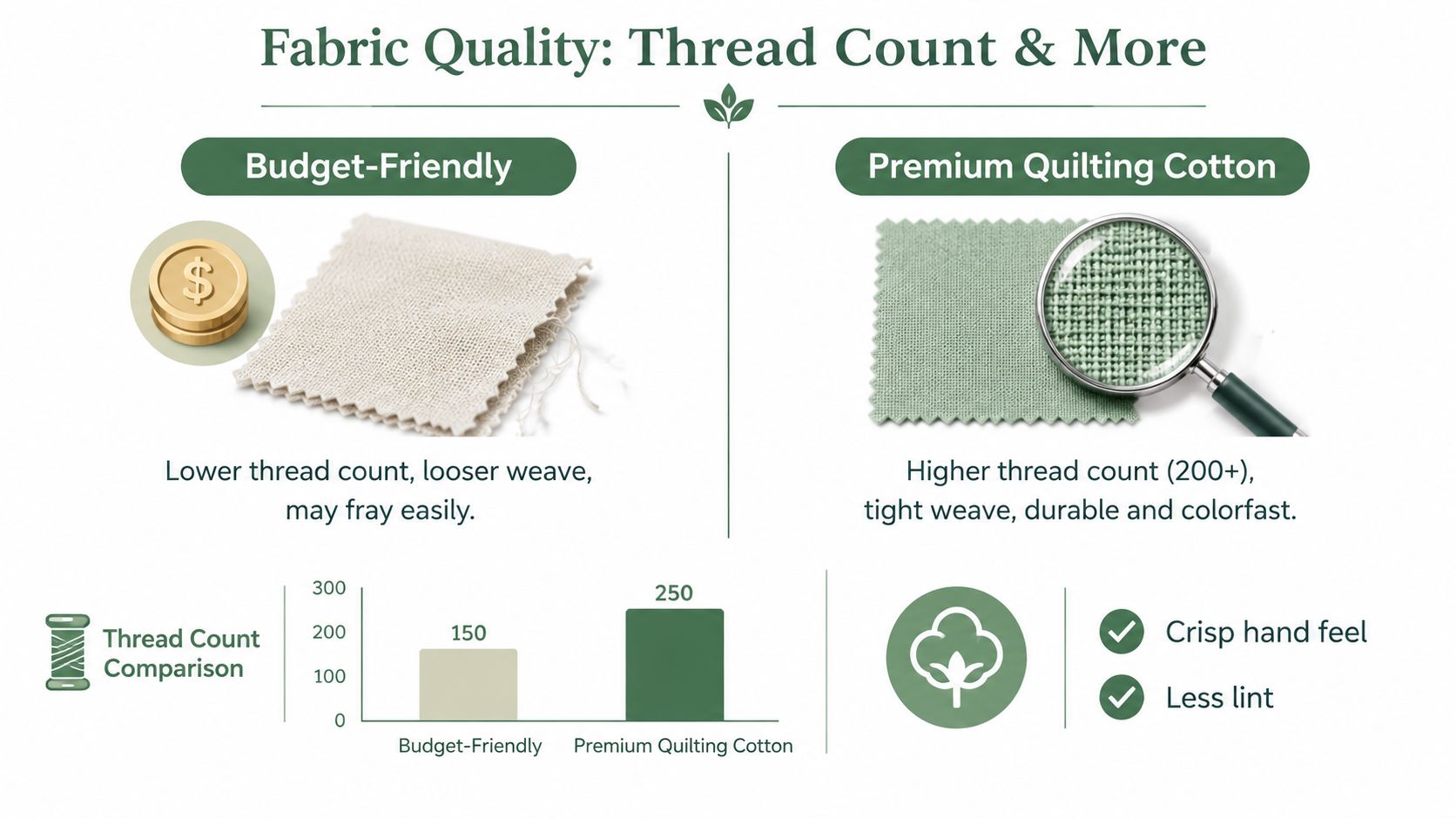 A comparison infographic showing the difference in quality between budget-friendly fabric and premium quilting cotton.