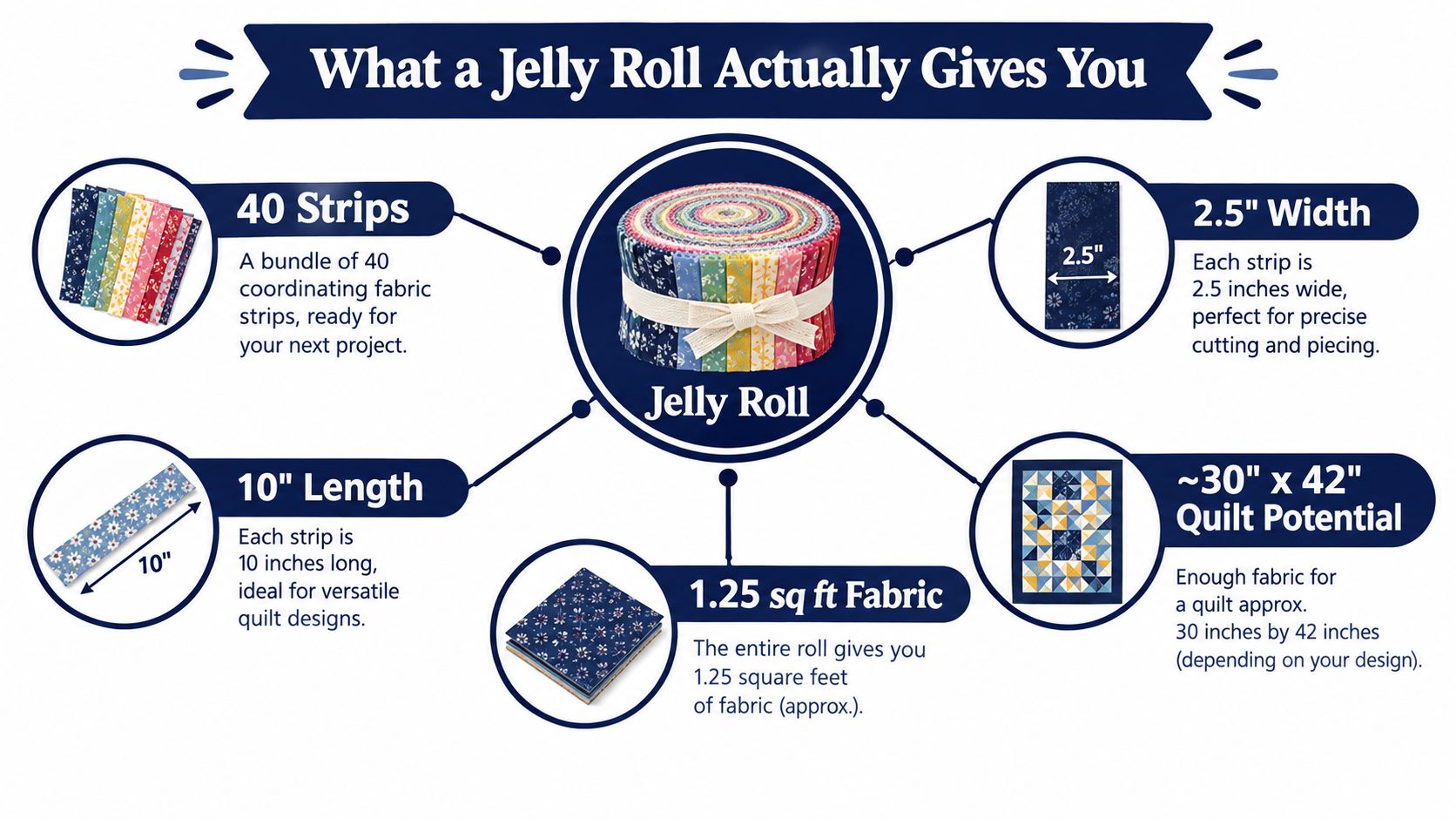 An infographic titled What a Jelly Roll Actually Gives You explaining the dimensions and specifications of quilting fabric strips.