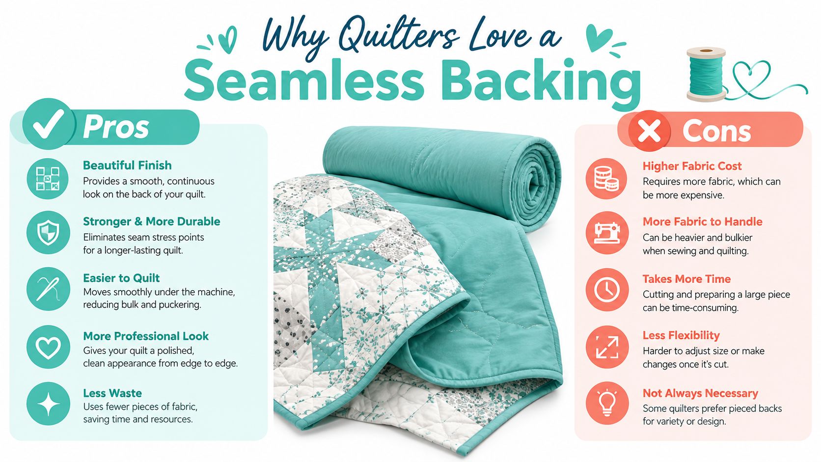 An infographic comparing the pros and cons of using seamless backing fabric for quilting projects.