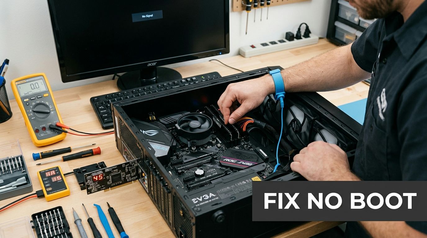 A technician troubleshoots a computer system using a motherboard diagnostic tool to fix a no boot issue.