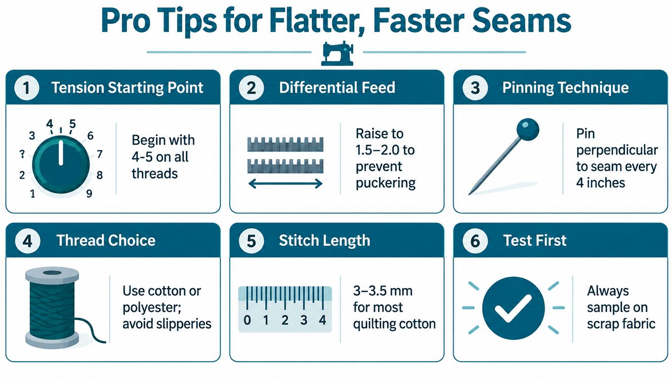 An infographic titled Pro Tips for Flatter, Faster Seams listing six sewing tips for quilting projects.