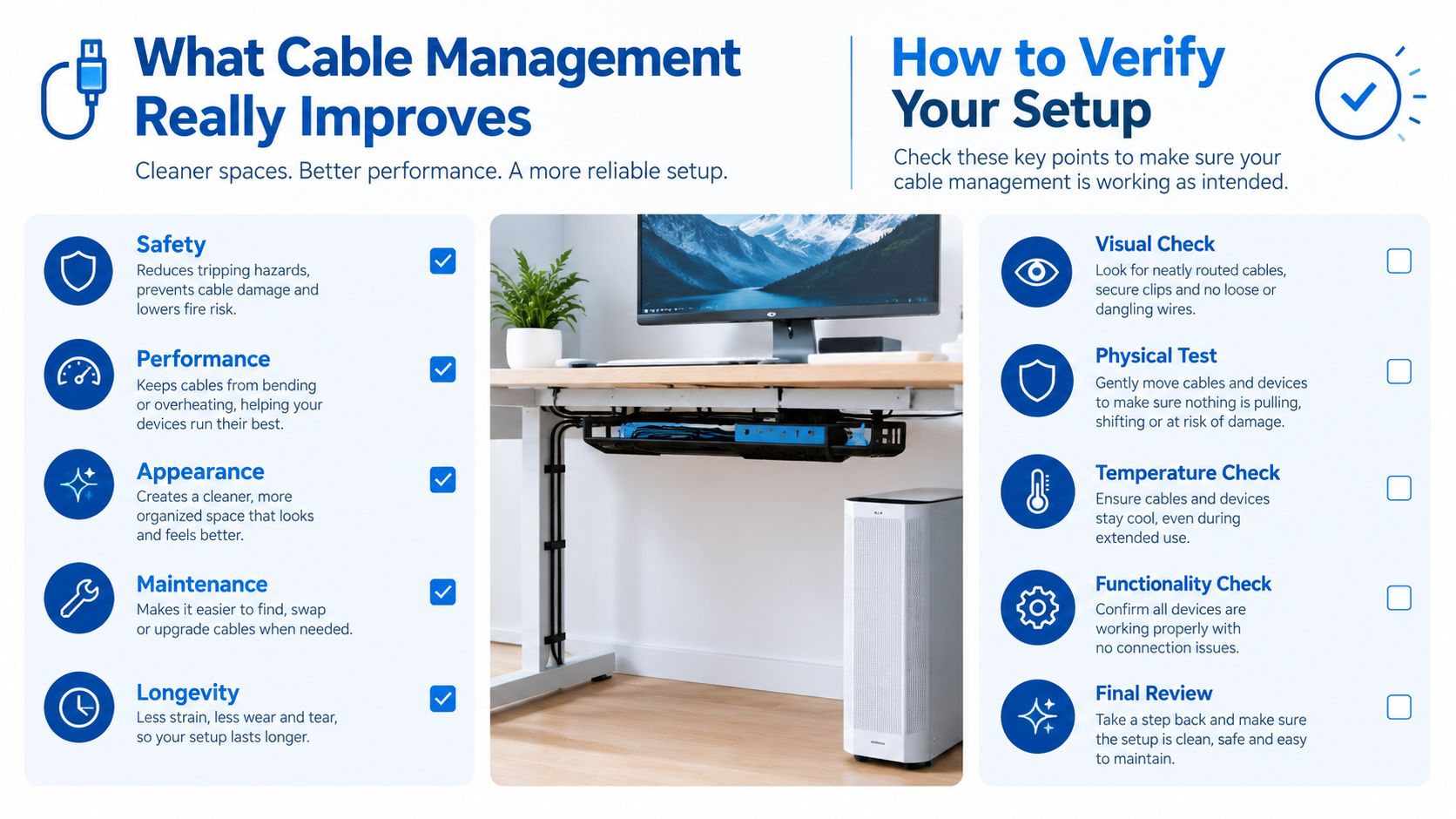 An infographic showing the benefits of cable management and a checklist to verify your computer setup.